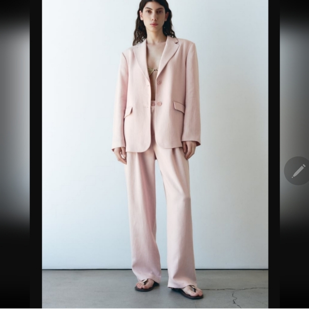 Linen blend suit blazer and pleated pants pink Zara size XS